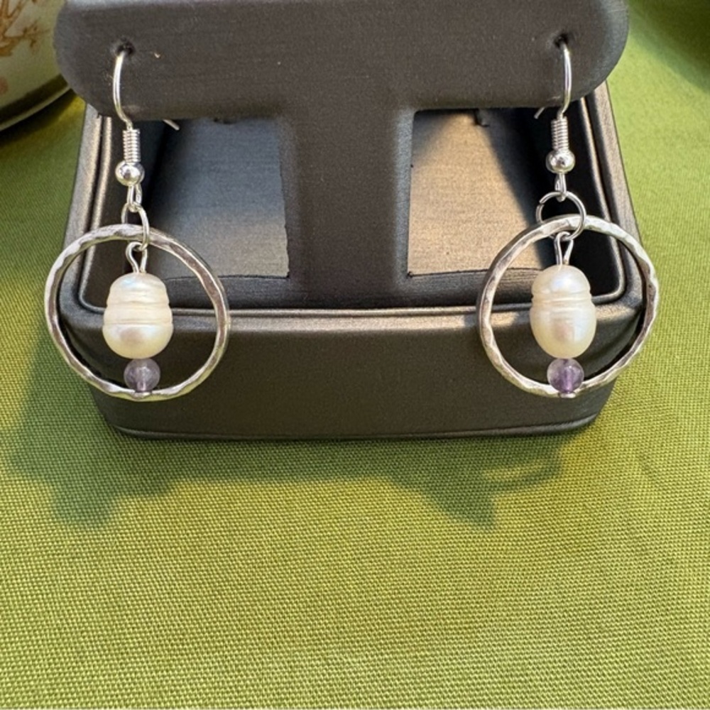 Silver Toned Freshwater Pearl Drop Earrings